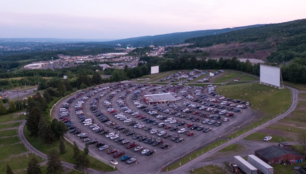 Aerial view of the Circle Drive-In theater at dusk, Dickson City, PA