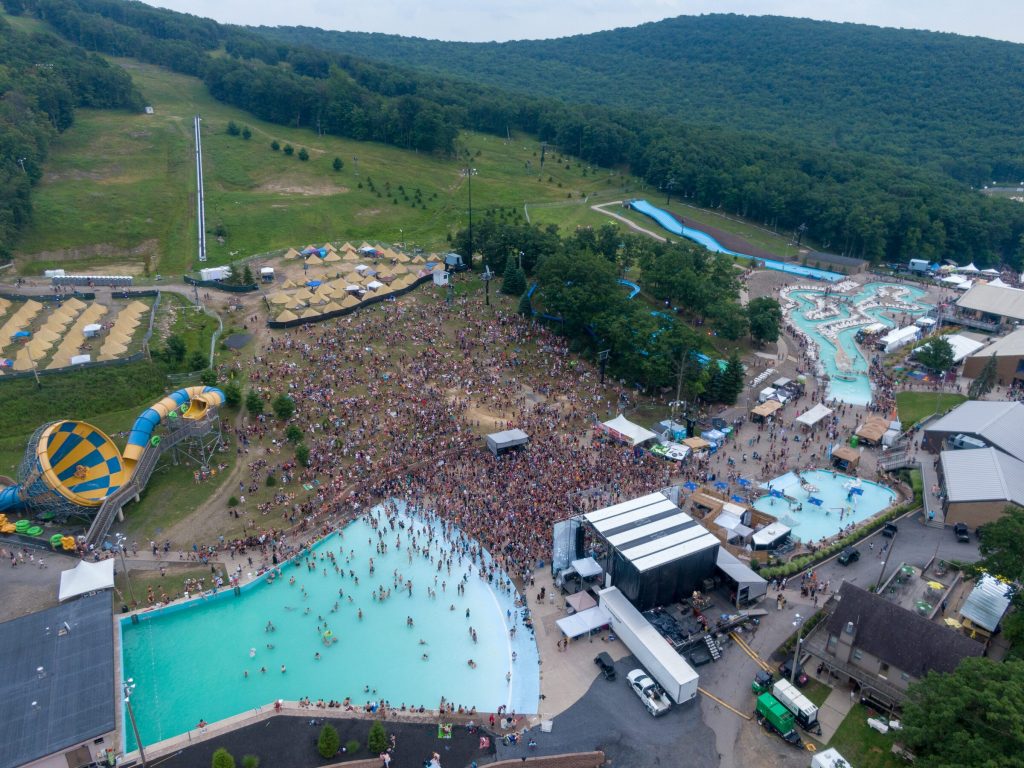 Aerial view of a summer concert at the Montage Mountain waterpark, Scranton, PA
