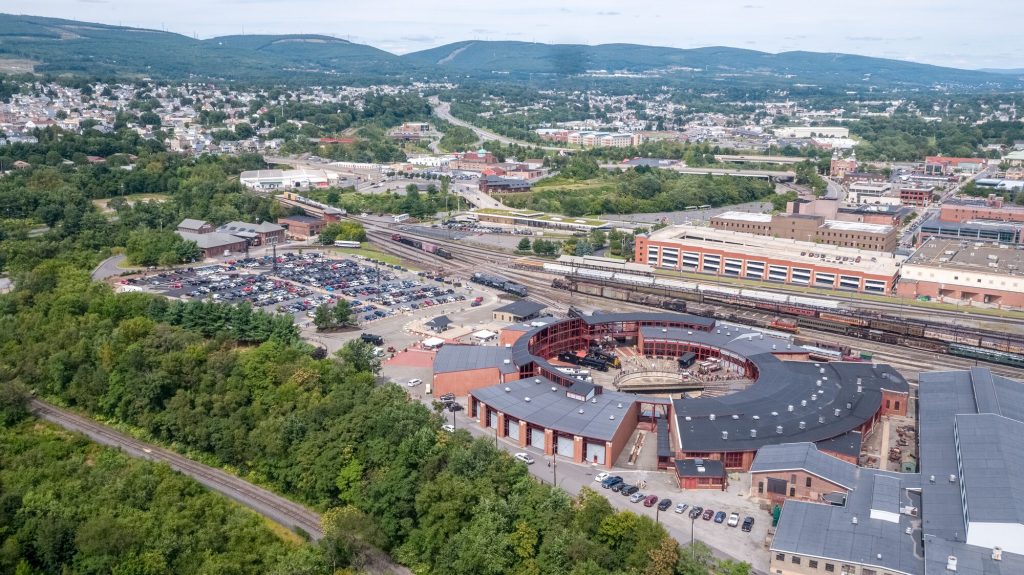 Aerial view of Railfest at Steamtown National Historic Site and its roundhouse, Scranton, PA