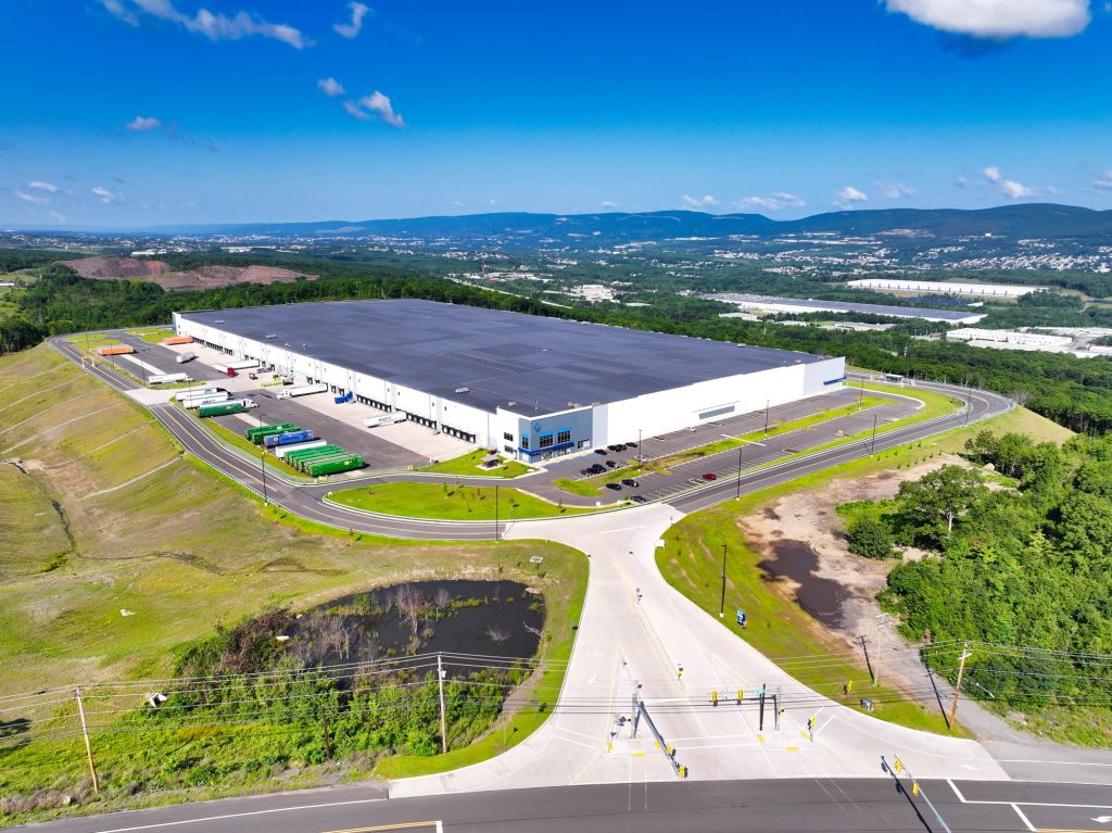 Aerial view of a newly built industrial building and finished site work in Northeastern Pennsylvania
