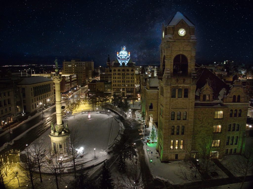 The Lackawanna County Courthouse and Courthouse Square under the stars, January 2024