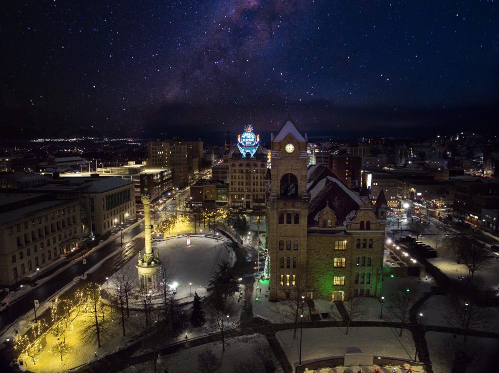 Courthouse Square and the Scranton Electric City sign at night, seen from above