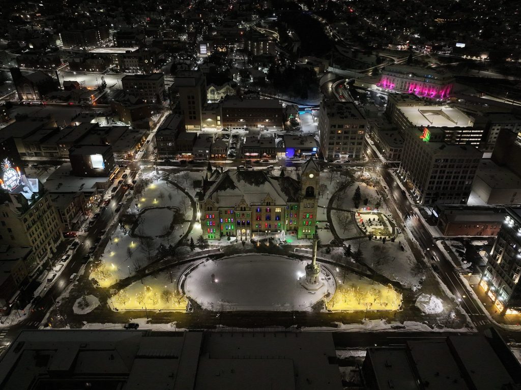Overhead drone view of Courthouse Square in Scranton on a snowy winter night