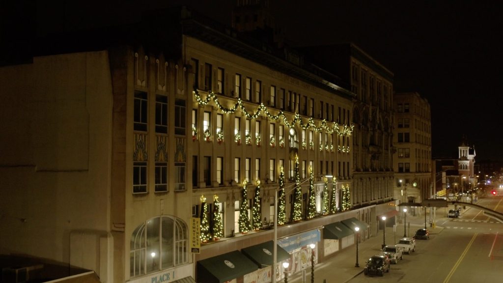 Holiday lights on the former Globe Store building in downtown Scranton at night