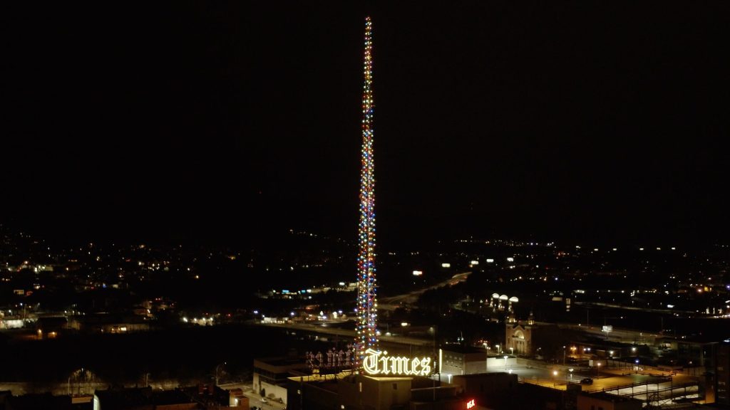 The lit Times Tower over downtown Scranton at night