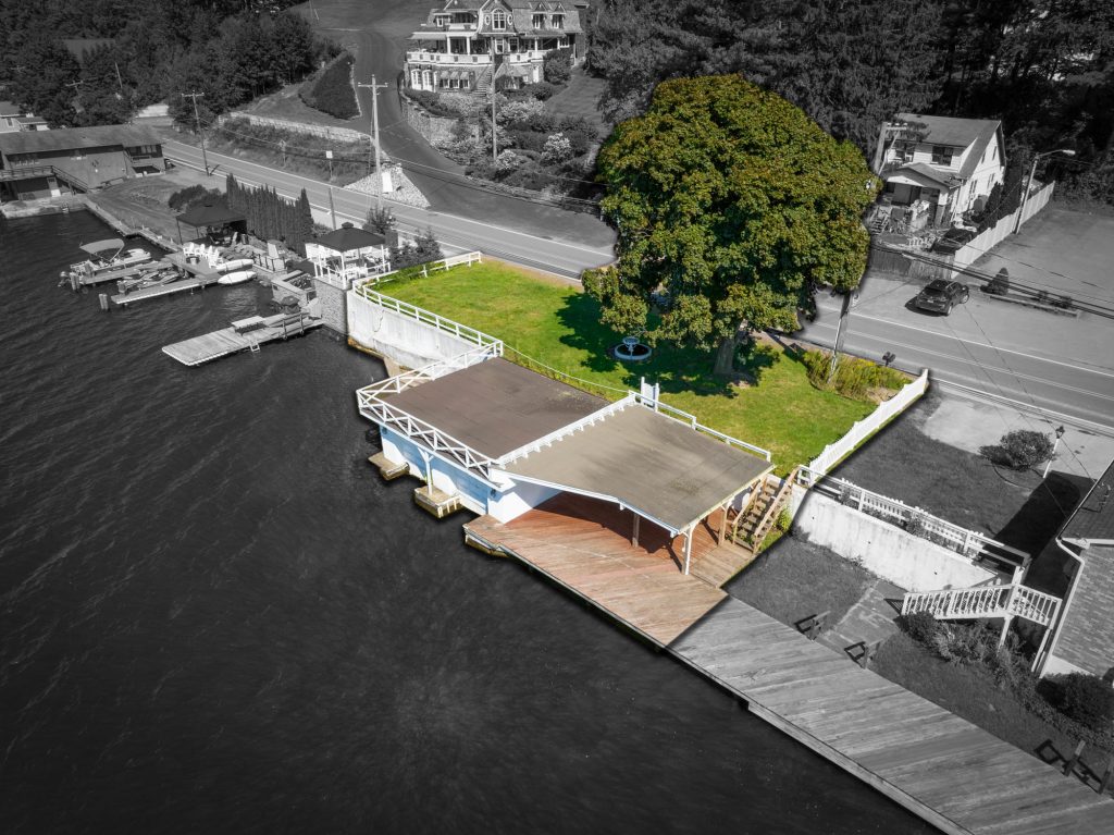 Aerial photo of a lakefront lot on Harveys Lake, PA highlighted against the shoreline
