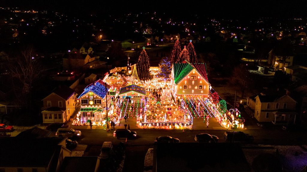 Close aerial view of the Peckville Christmas House light display at night
